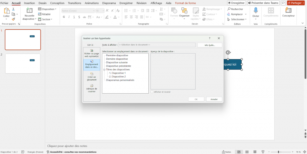 Insérer un lien hypertexte sur une forme pour créer un diaporama interactif